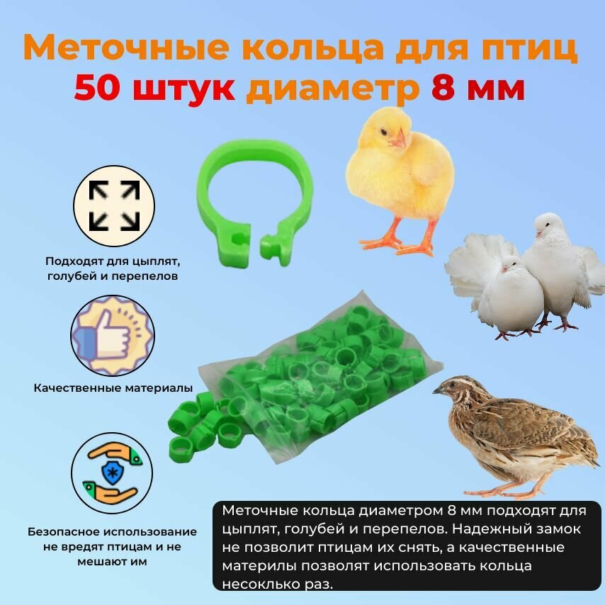 Меточные кольца для птиц кур уток 8 мм 50 штук зеленый цвет