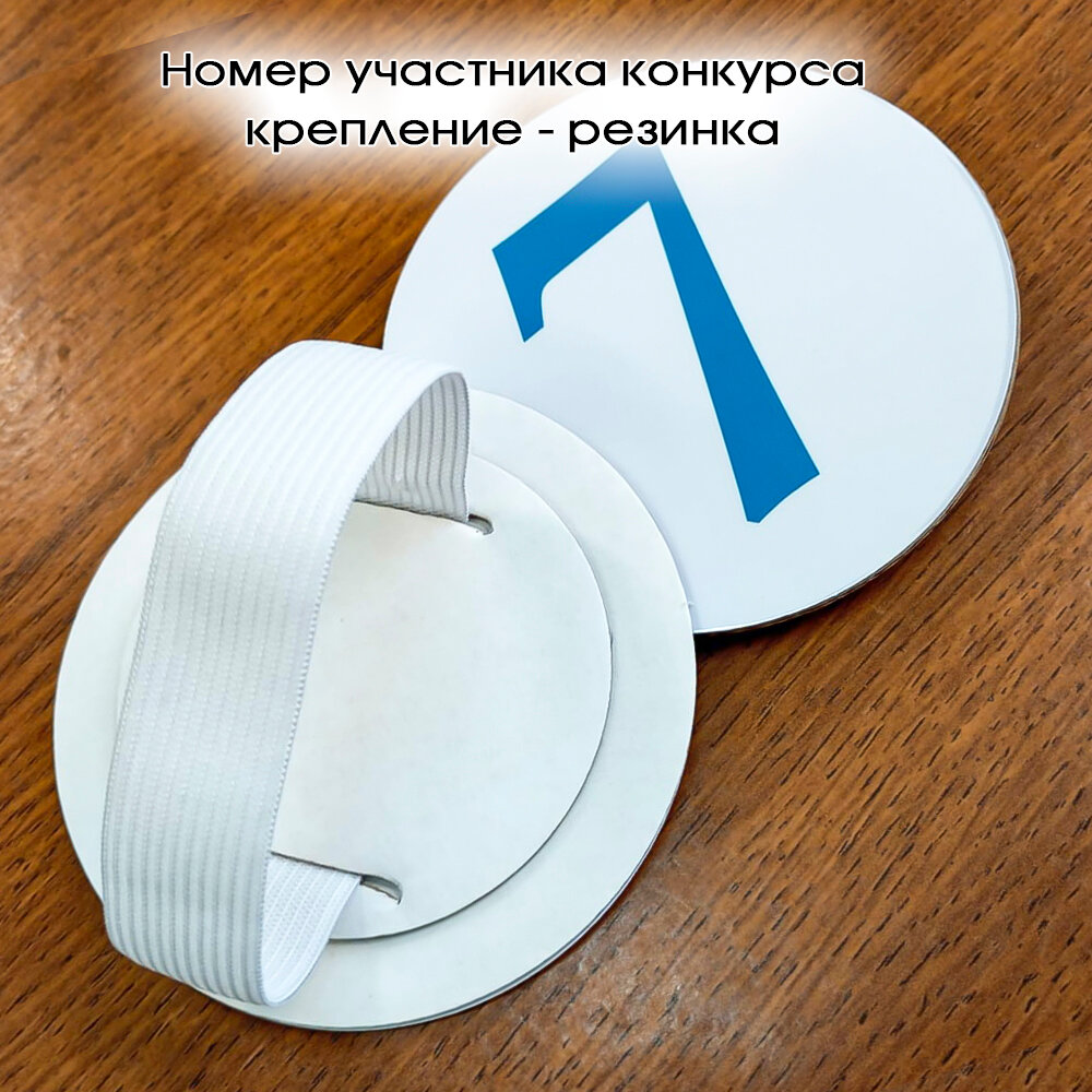 Номер участника конкурса. Набор 10 шт. Номера с 1 по 10 Крепление резинка.