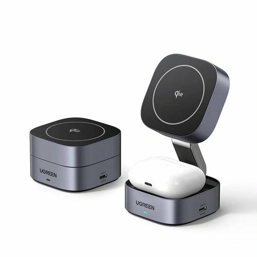 Зарядное устройство магнитное беспроводное 2-в-1 UGREEN W702 (35316) для Iphone/AirPods 15WQi2. Цвет: космос серый