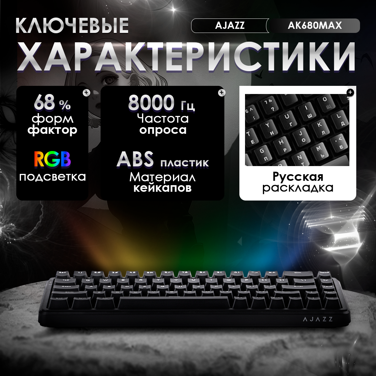 Магнитная игровая проводная клавиатура AJAZZ AK680 MAX Magnetic Grain Switch с подсветкой RGB и алюминиевым плейтом — фото 1