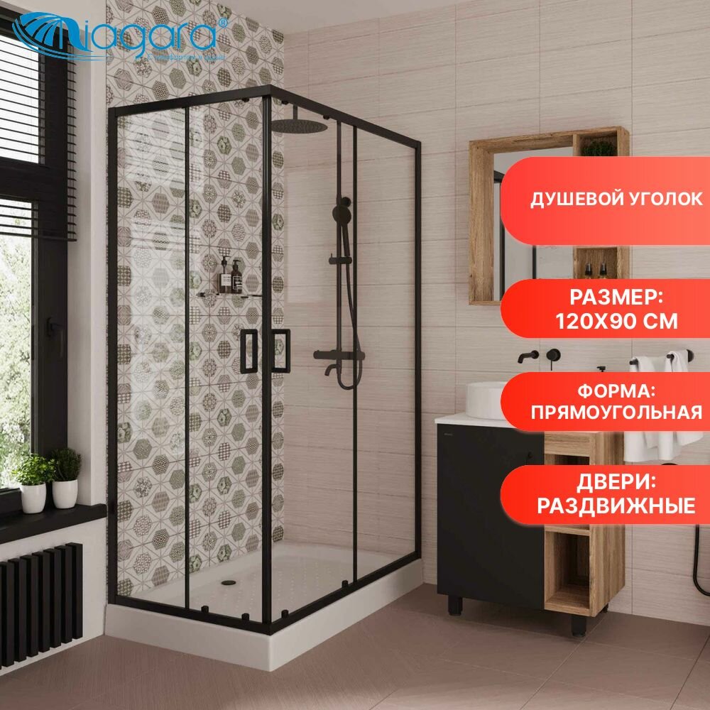 Душевой уголок Niagara Nova NG-6811-08 BLACK 120x90 без поддона стекло прозрачное, стекло закаленное, профиль черный, универсальная