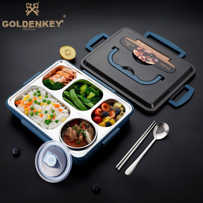 Golden Key 304 Stainless Steel Adult Large Five-Compartment Double-Layer Lunch Box Insulated Heat-Resistant Bento Box 2L Blue GK-540KC