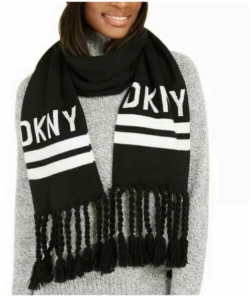 Шарф DKNY, вязаный, с бахромой, 159х21 см, one size, черный