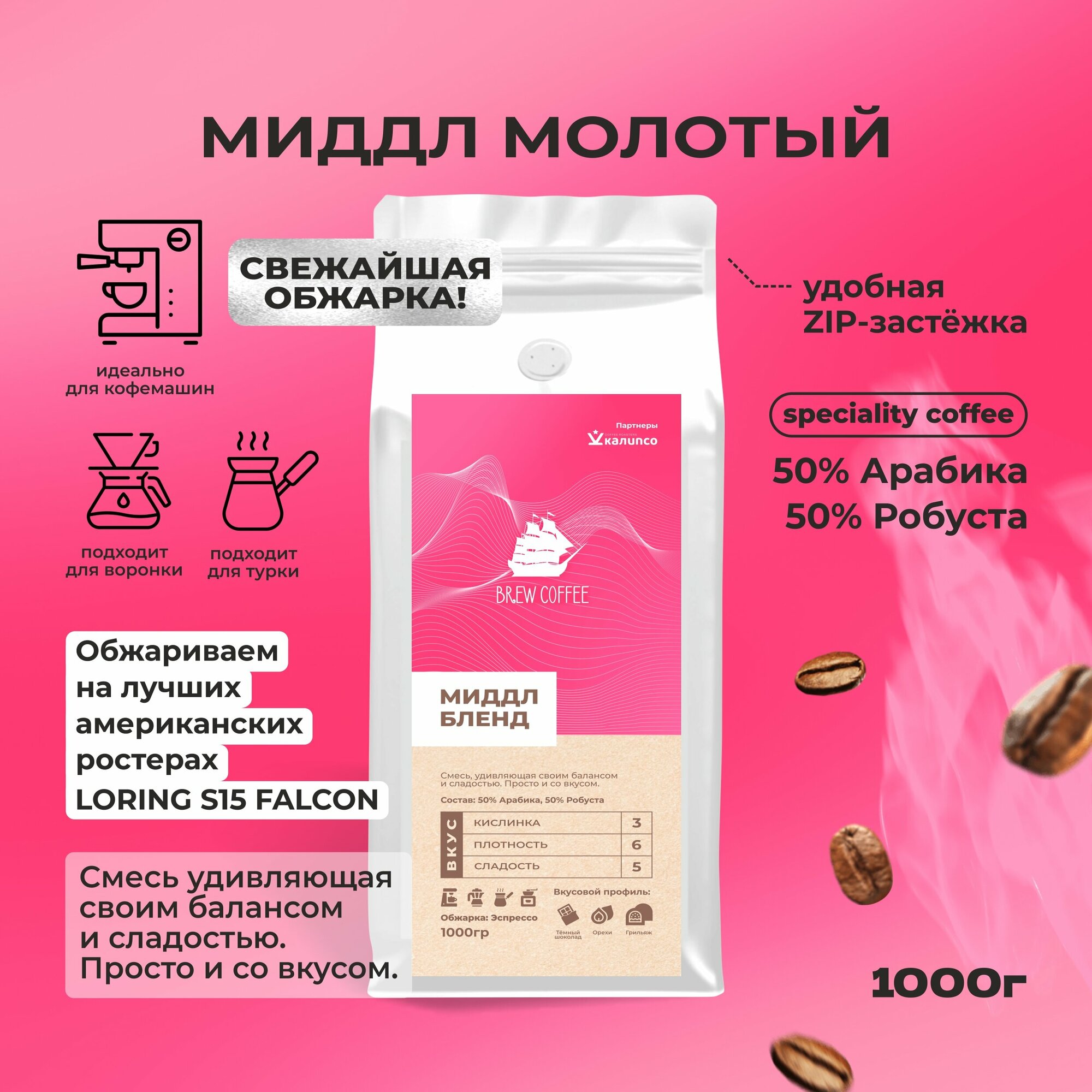 Кофе молотый 1кг, арабика с робустой, свежей обжарки / мидл Бленд / Брю coffee / кофе 1000гр в зернах