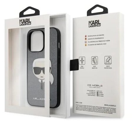 Lagerfeld для iPhone 13 Pro Max чехол PU Saffiano Karl's Head Hard Silver