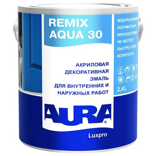 Эмаль Aura Luxpro Remix Aqua 30, акриловая, полуматовая, универсальная, 2.4л, Аура Ремикс аква эмаль акриловая aura luxpro remix aqua 30 0 9л арт 4607003915780