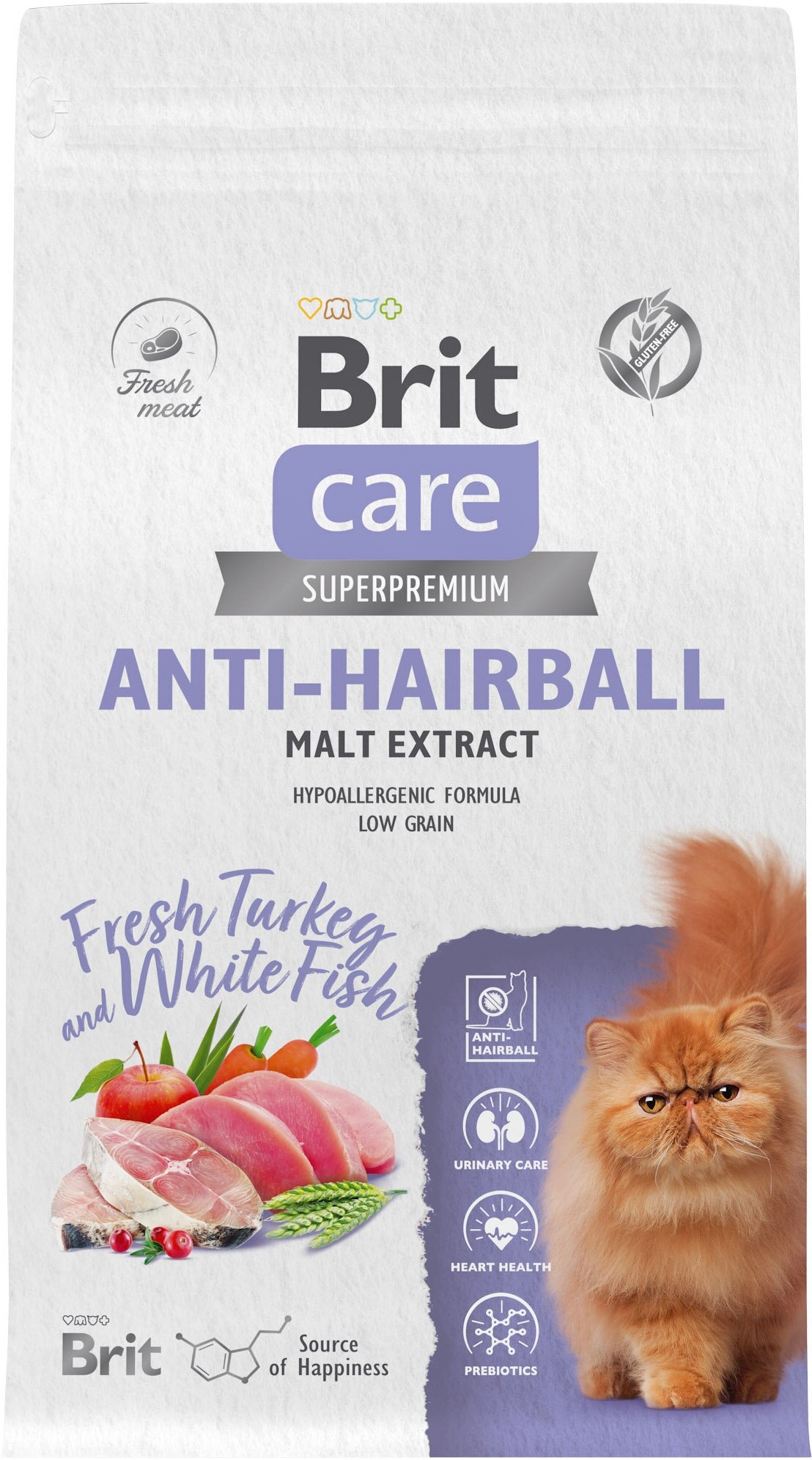Сухой корм для кошек Brit Care Cat Anti-Hairball, вывод шерсти из желудка, с белой рыбой и индейкой 1,5 кг - фотография № 2