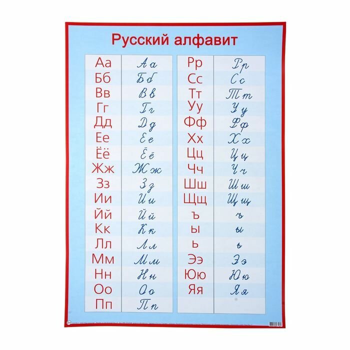 Плакат обучающий "Русский алфавит, прописные и печатные буквы" А2, 50х70х0,1см, для детей для школы развивающие - 1шт.