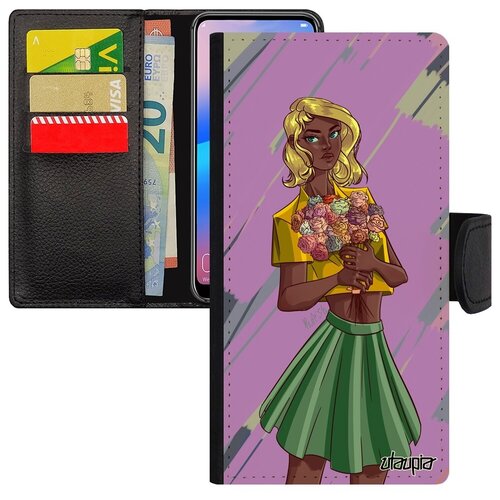 фото Модный чехол книжка на мобильный // samsung galaxy a40 // "девушка и цветы" дизайн портрет, utaupia, фиолетовый