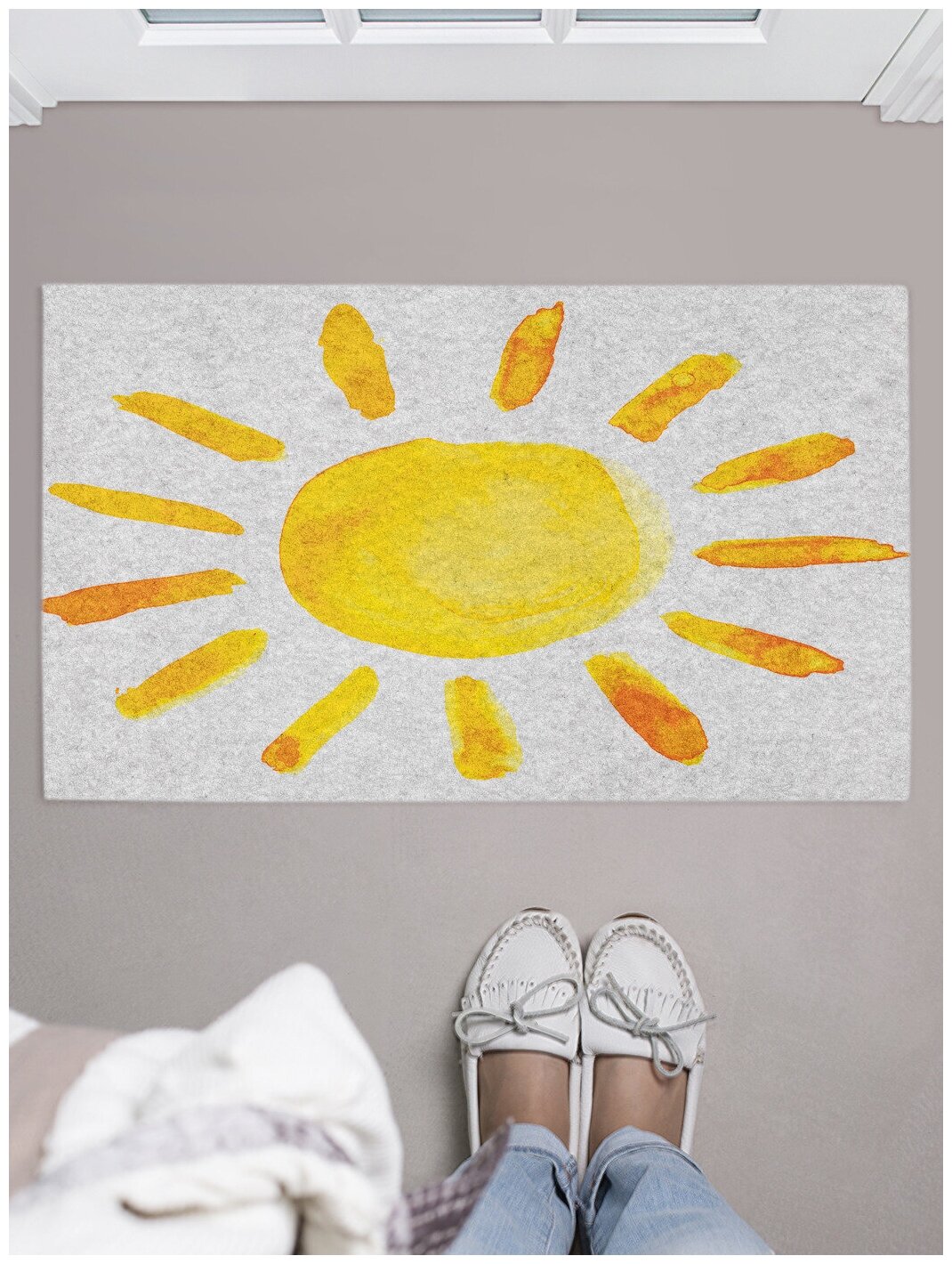 Придверный коврик в прихожую JoyArty "Солнце глазами ребенка" для обуви, на резиновой основе, 75x45 см