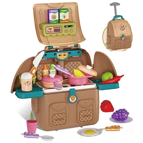 Детская игровая кухня Happy Master Chef в чемодане на колесах, 4 в 1, 38х38х23 см, c набором посуды и продуктов, 30 предметов