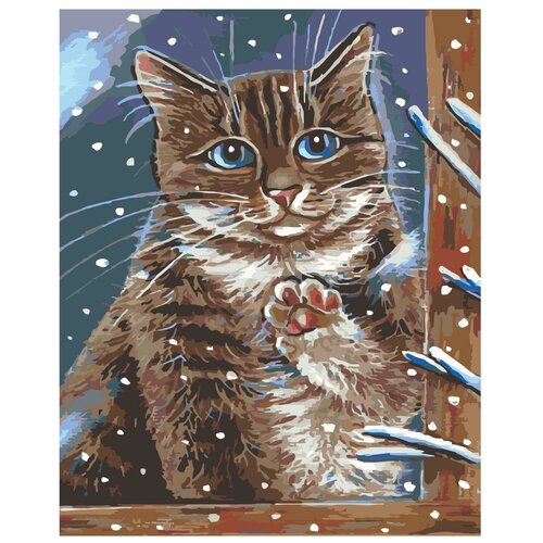 Картина по номерам, Живопись по номерам, 100 x 125, A193, животное, котёнок, окно, снег, домашний картина по номерам живопись по номерам 100 x 125 a77 кот в снегу чёрный котёнок животное снег зима снежинки охота