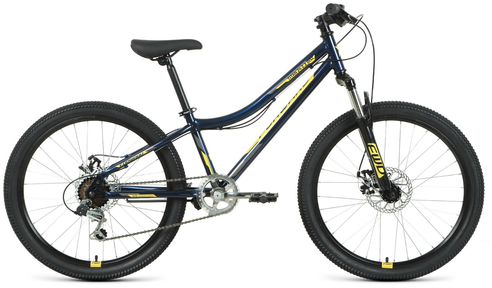 Велосипед FORWARD TITAN 24 2.2 disc (рост 12" 6ск.) 2020-2021, темно-синий/золотой (требует финальной сборки)