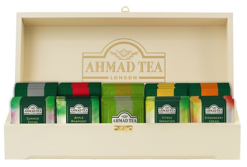Чай "Ahmad Tea", "Коллекция Ahmad Tea", в шкатулке из дерева, пакетики в конвертах из фольги - фотография № 1