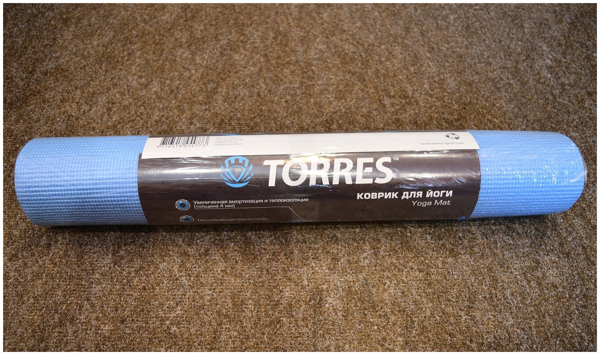 Коврик для йоги и фитнеса с теплоизоляционными свойствами TORRES YL10024-1 толщиной 4 мм из ПВХ / голубой, 172х60 см