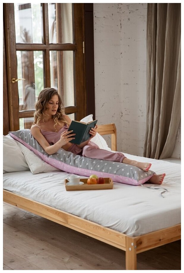 Body Pillow Подушка для беременных I-формы 145х25 см со съёмной наволочкой "Звезды серо-розовый" - фотография № 4