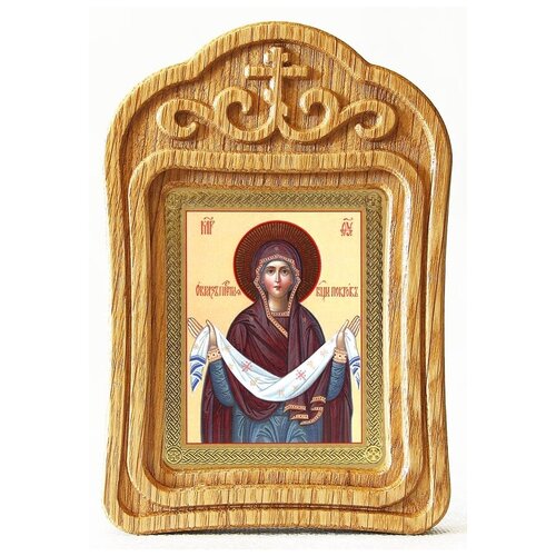 Покров Пресвятой Богородицы, поясная икона в резной деревянной рамке