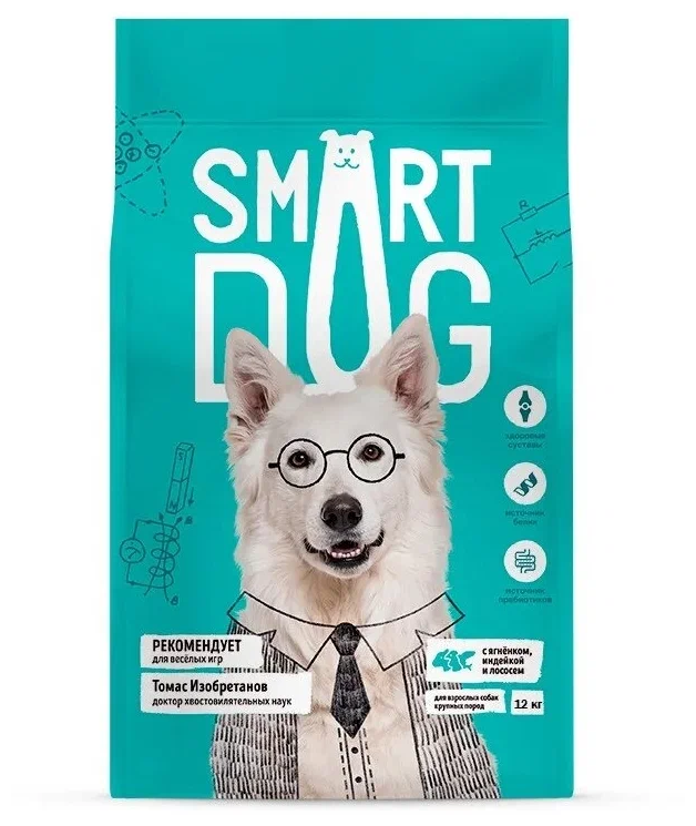 Корм Smart Dog для взрослых собак крупных пород, три вида мяса с ягнёнком, лососем, индейкой 12 кг