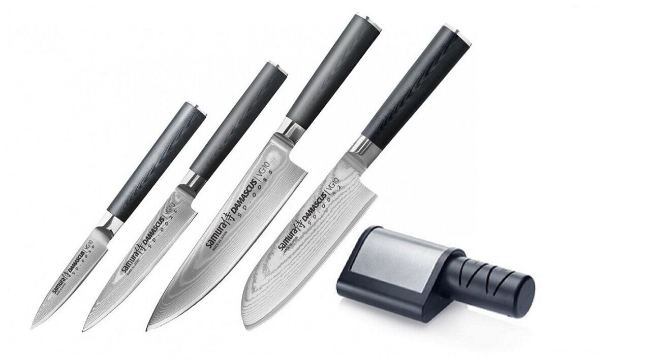 SD-0240ЭТ набор из 4-Х ножей SAMURA DAMASCUS овощной, универсальный, ШЕФ, сантоку и элктроточилки