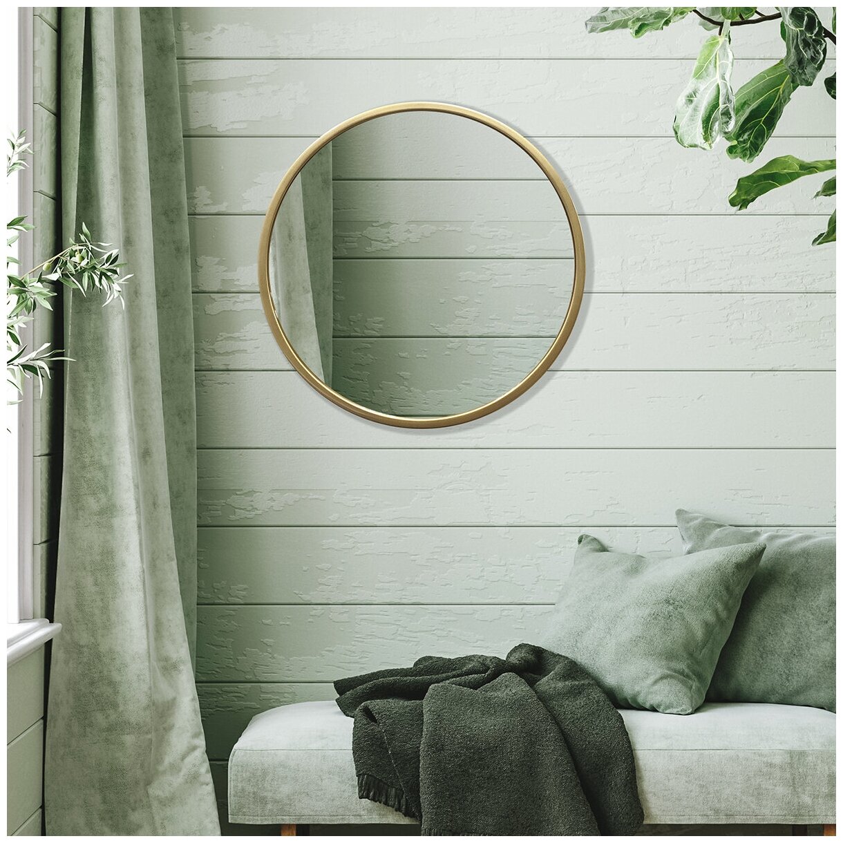 Зеркало настенное круглое в тонкой раме Carina золото 60х60 см для ванной комнаты - фотография № 3