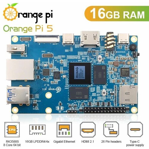 микрокомпьютер orange pi pc plus 1 gb 8 gb кабель питания одноплатный компьютер Одноплатный компьютер Orange Pi 5 16 Gb