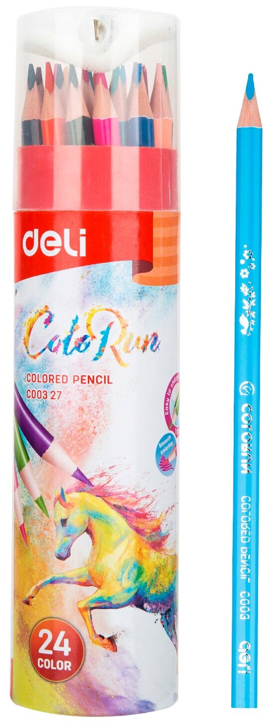 Карандаши цветные Deli EC00327 ColoRun трехгранные тополь 24цв. точилка карт.тубус