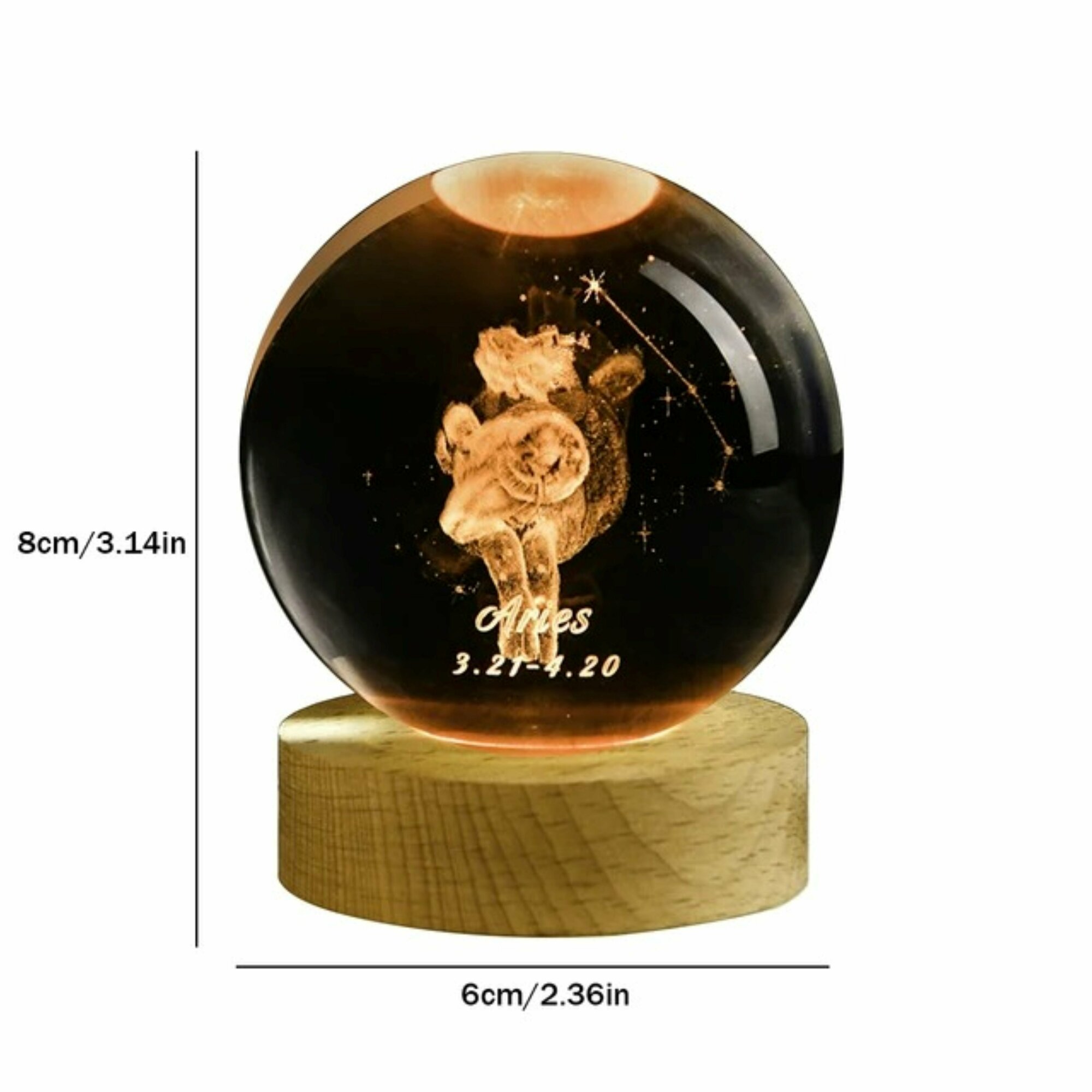 Хрустальный шар ночник Знак зодиака "Овен" с 3D лазерной гравировкой - фотография № 3
