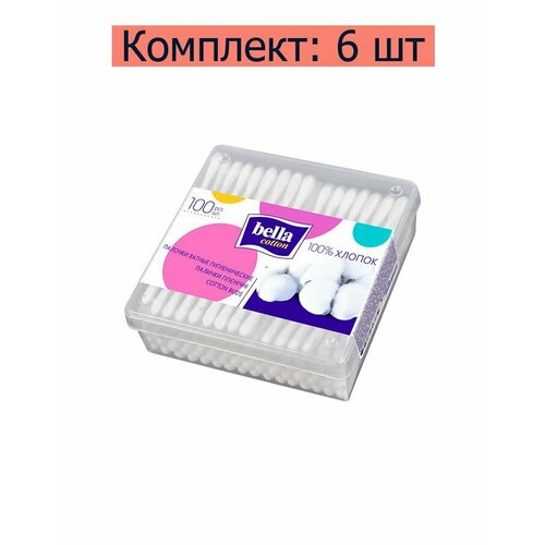 BELLA Палочки ватные Cotton в пластиковом контейнере, 100 шт, 6 уп