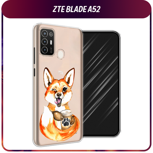 Силиконовый чехол на ZTE Blade A52 / ЗТЕ Блэйд А52 Подмигивающая лиса с кофе, прозрачный