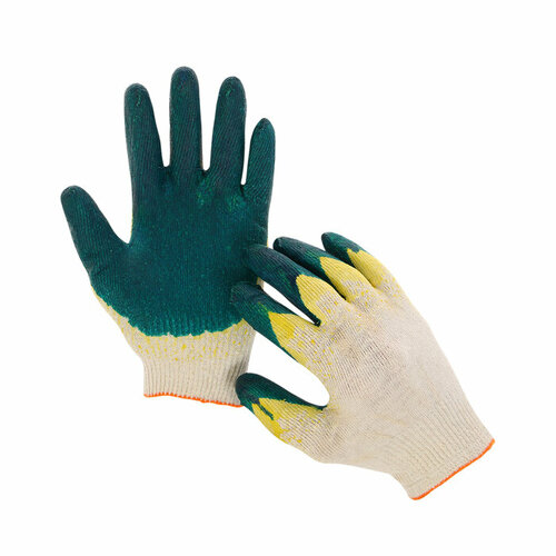 Перчатки садовые, х/б, вязка 13 класс, размер 9, двойной латексный облив, зелёные перчатки двойной облив