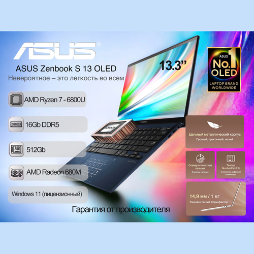 Ноутбук Asus ZenBook 133 S13 UM5302T Ryzen 7 6800U RAM16GB SSD516GB 12500000₽