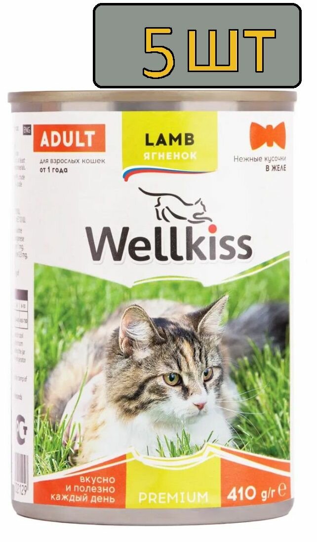 5 шт. Wellkiss Влажный корм (консервы) для кошек, нежные кусочки с ягненком в желе, 410 гр.