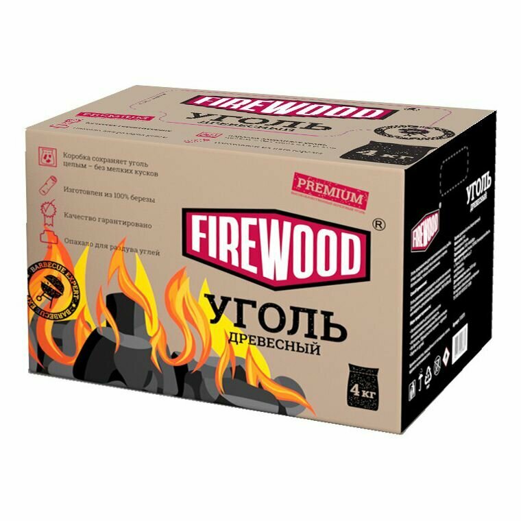 Уголь FireWood древесный в коробке 4 кг
