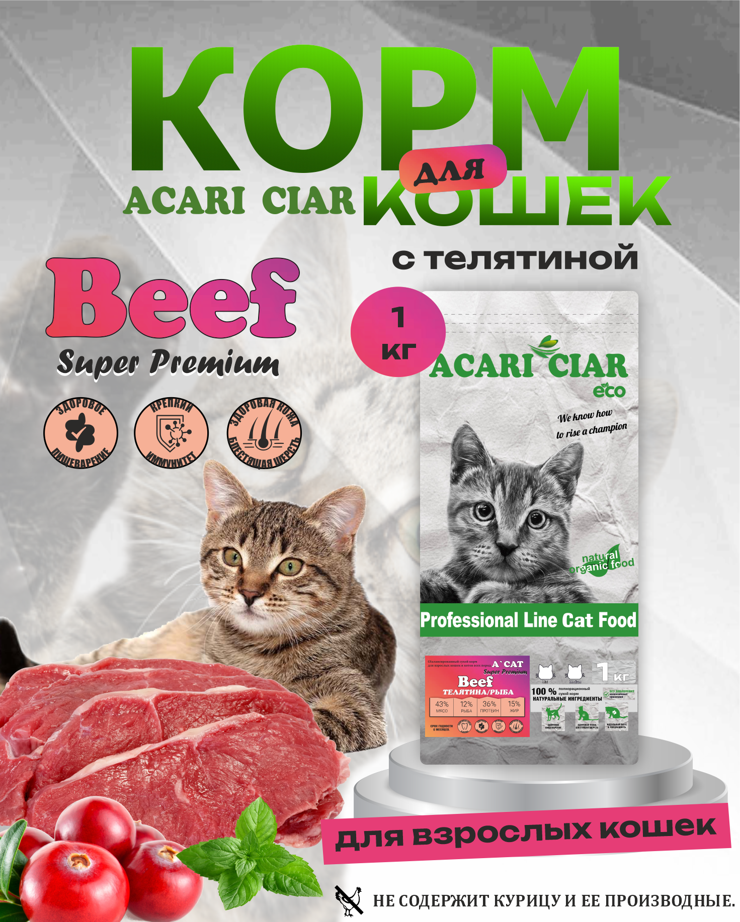 Сухой корм для взрослых кошек ACARI CIAR A Cat Beef Super Premium с телятиной 1 кг