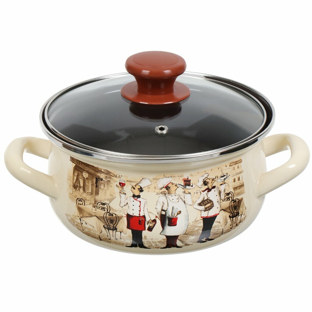 Кастрюля эмалированная 1.5 л с декором, стеклянная крышка, Керченский завод