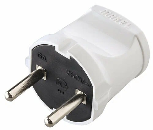 Вилка белая MAKEL без заземления, 1 гнездо, 6 А, 220 - 250 В 10001