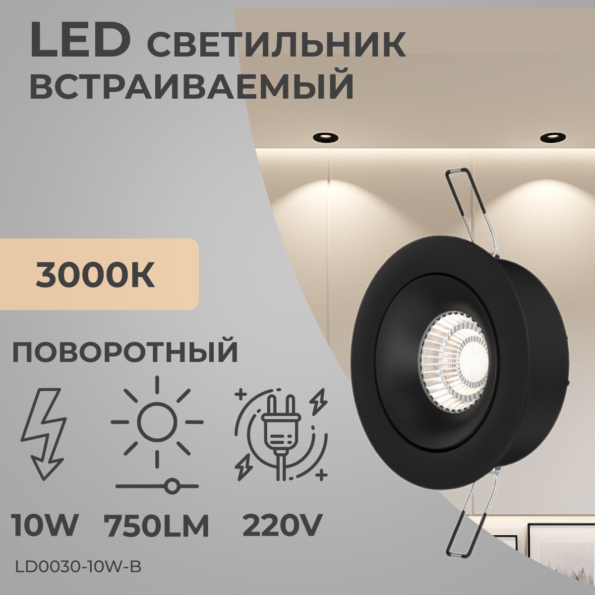 Встраиваемый потолочный светодиодный поворотный светильник Ledron LD0030-10W-B 10W