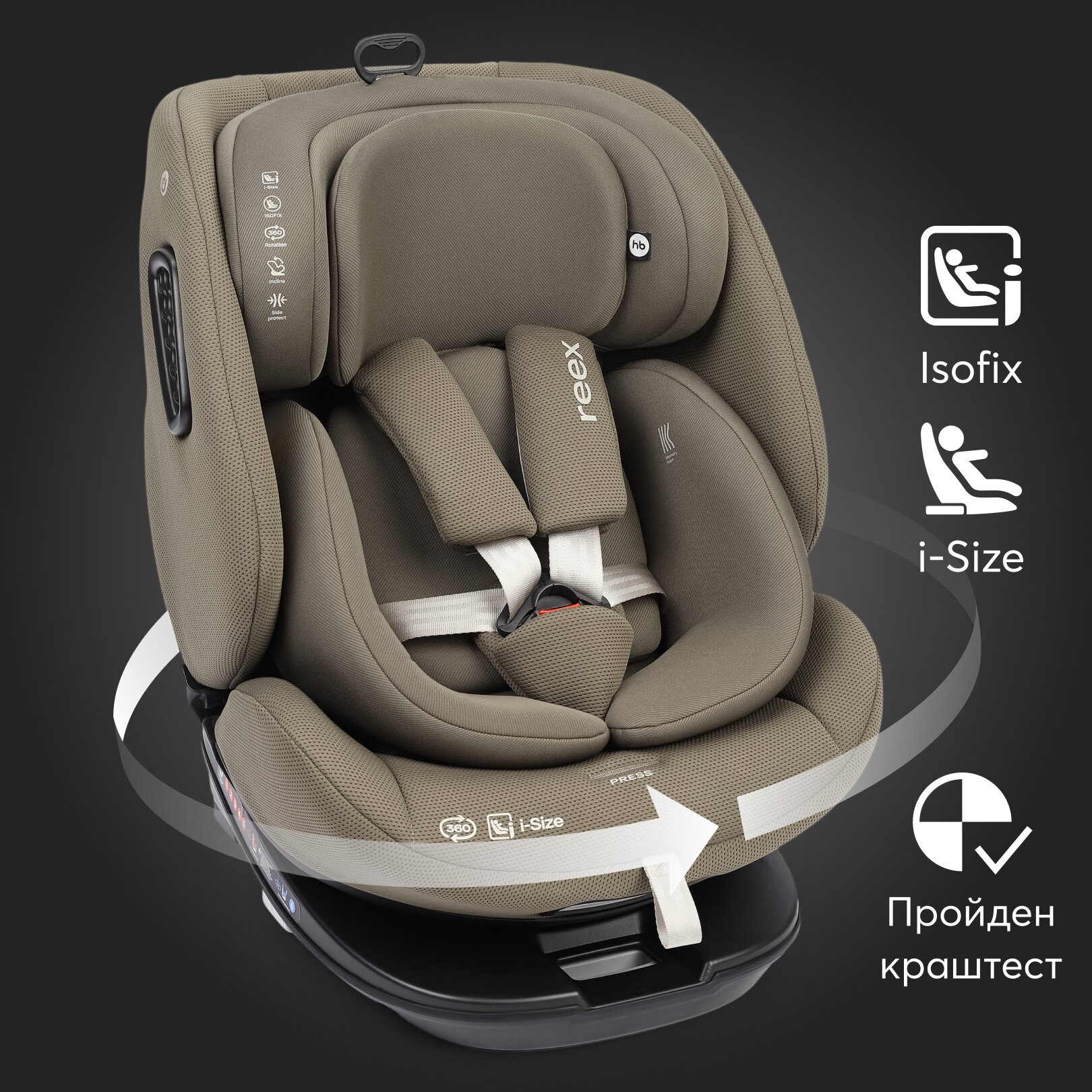 Автокресло детское Reex Happy Baby, поворот на 360,от 0 до 12 лет, 0/1/2/3 (до 36 кг), Isofix, рост 40-150см, оливковое