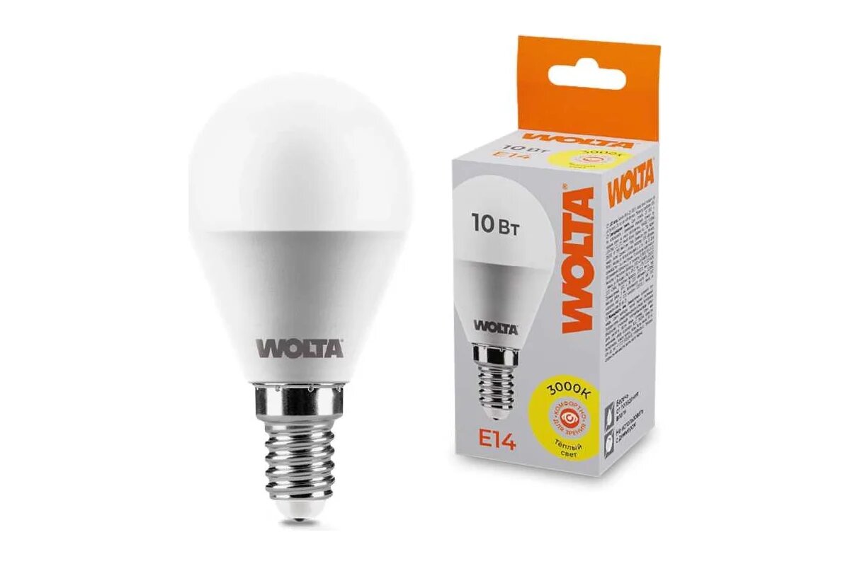 Светодиодная лампа Wolta LED Шар GL 10Вт 3000K Теплый белый свет G45 E14 25Y45GL10E14