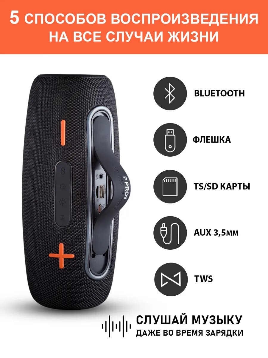 Колонка беспроводная музыкальная колонка Блютуз, 20Вт, портативная Bluetooth, TF, MicroSD, USB, TWS, черная — фото 1