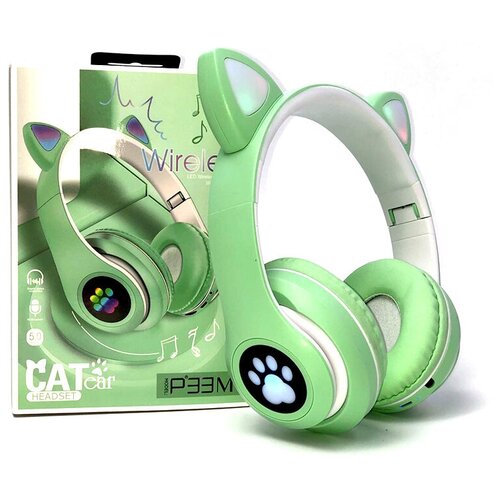 фото Беспроводные наушники cat ear p33m с bluetooth и светящимися кошачьими ушками и лапкой (зеленый) нет бренда