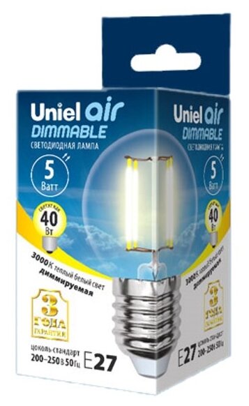 Лампа светодиодная Uniel Air dimmable GLA01TR UL-00002868, E27, G45, 5 Вт, 3000 К - фотография № 2