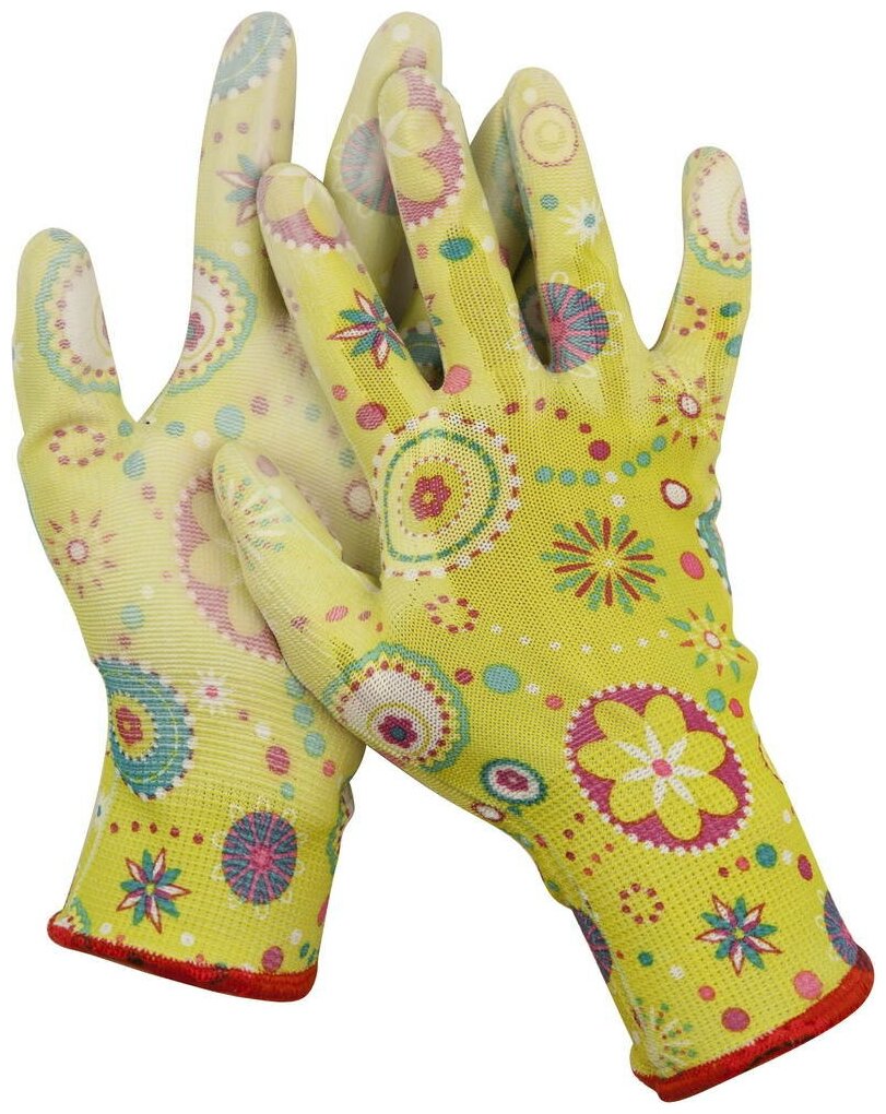 Садовые перчатки GRINDA, прозрачное PU покрытие, 13 класс вязки, зеленые, размер S