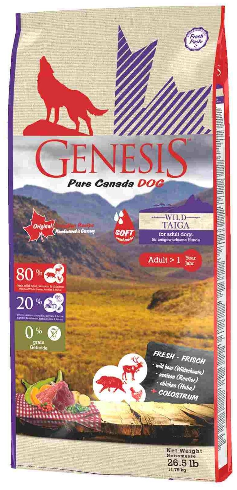 GENESIS PURE CANADA WILD TAIGA ADULT SOFT беззерновой для взрослых собак всех пород при аллергии с кабаном, оленем и курицей (11,79 кг)