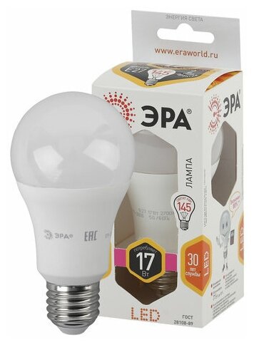 Лампа светодиодная ЭРА, 17 (145) Вт, цоколь E27, груша, теплый белый, 25000 ч, smdA60-17w-827-E27, 2 шт.