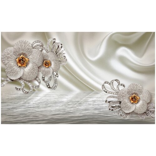 фото Фотообои красивые цветы на фоне шелка/ красивые уютные обои на стену в интерьер комнаты/ 3д расширяющие пространство над кроватью или над столом/ на кухню в спальню детскую зал гостиную прихожую/ размер 300х180см/ флизелиновые топ фотообои