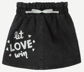 Чёрная джинсовая юбка-клёш с блестящим принтом для девочки Gloria Jeans, размер 4-5л/110