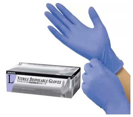 Saraya Нитриловые перчатки неопудренные смотровые синие (200 шт) размер L 1 уп