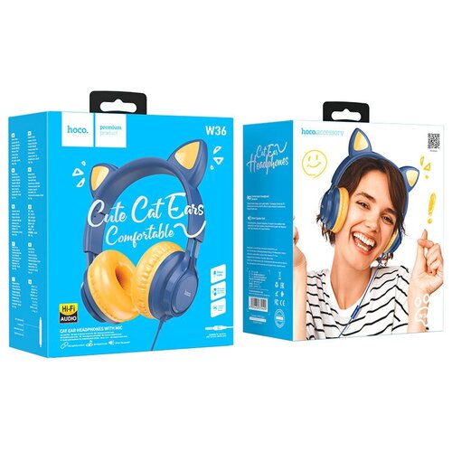 Наушники с микрофоном полноразмерная HOCO W36 детский дизайн разъём 35mm кабель 12m синие 83300₽