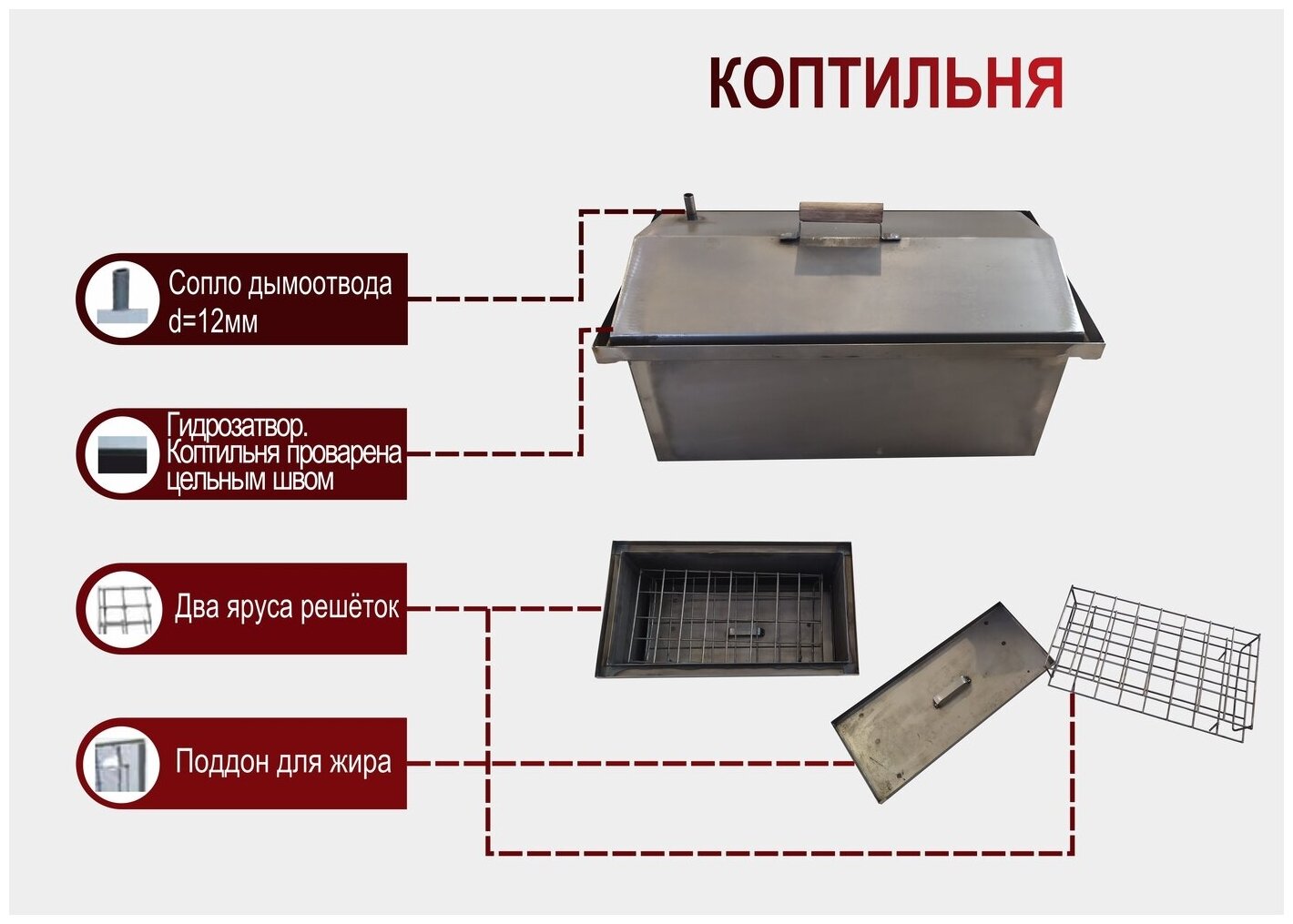 Коптильня горячего и холодного копчения TOPMANGAL с гидрозатвором 2 мм (500*250*250) некрашенная - фотография № 5